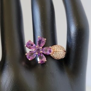 Natural Purple Amethyst Floral  .925 Sterling Silver Ring  Size: 6.5